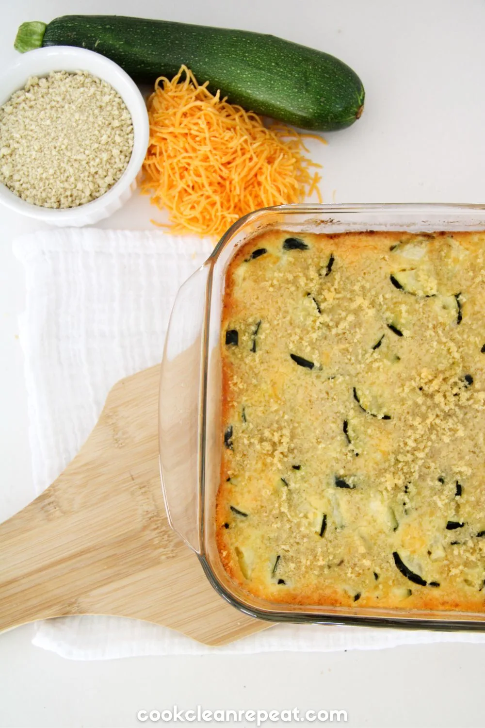 Zucchini Casserole in a casserole dish brown and crispy from being baked