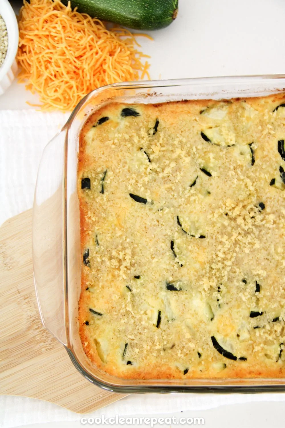 Zucchini Casserole in a casserole dish brown and crispy from being baked