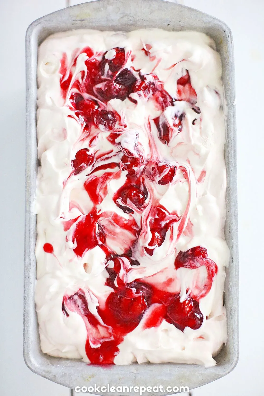 Cherry Cheesecake Ice Cream ready in a pan