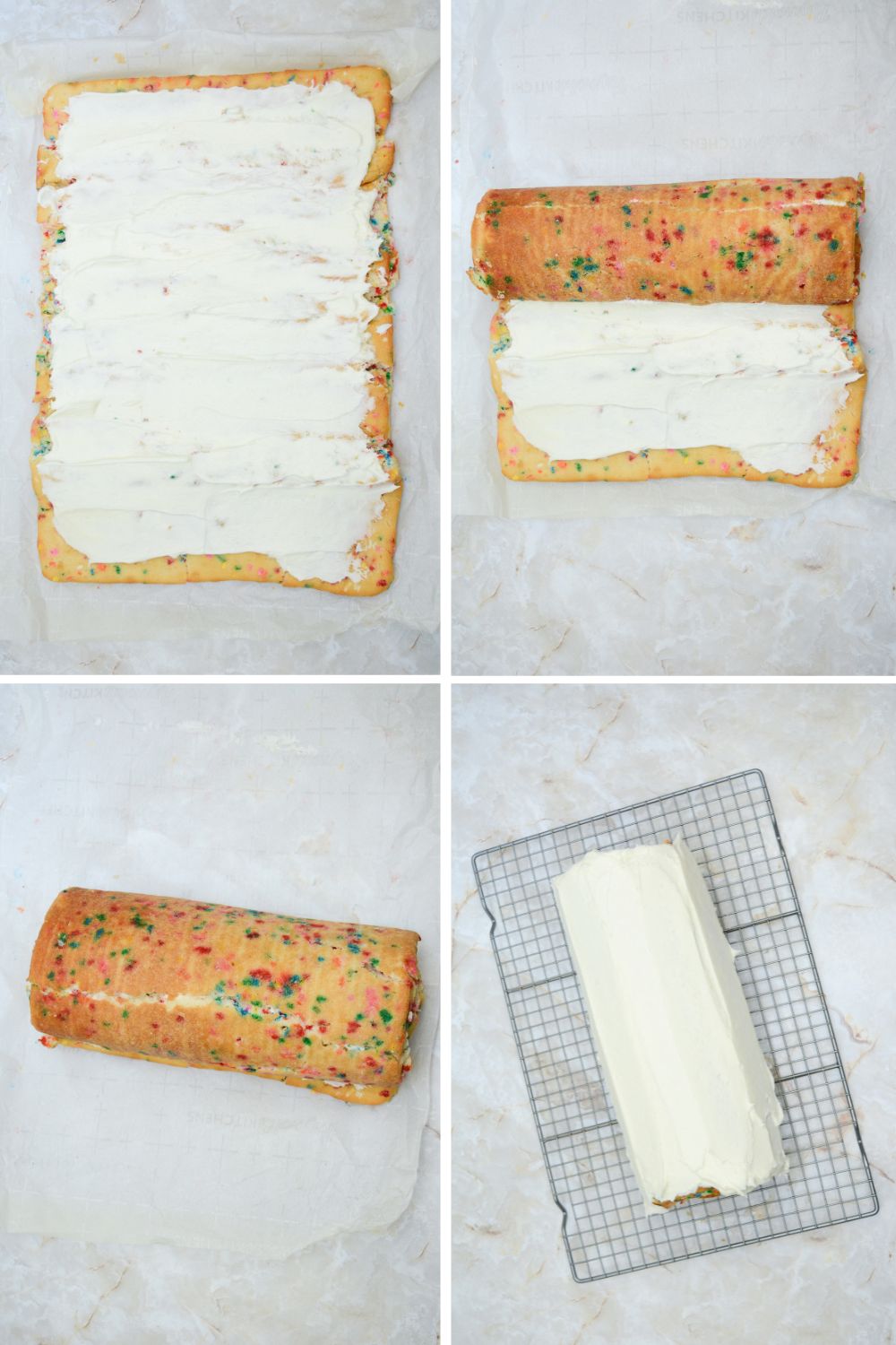 the process of icing a sprinkle cake roll