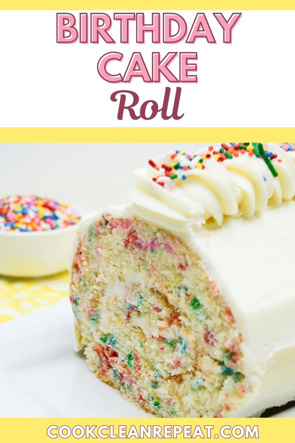 Pinterest image for birthday cake roll