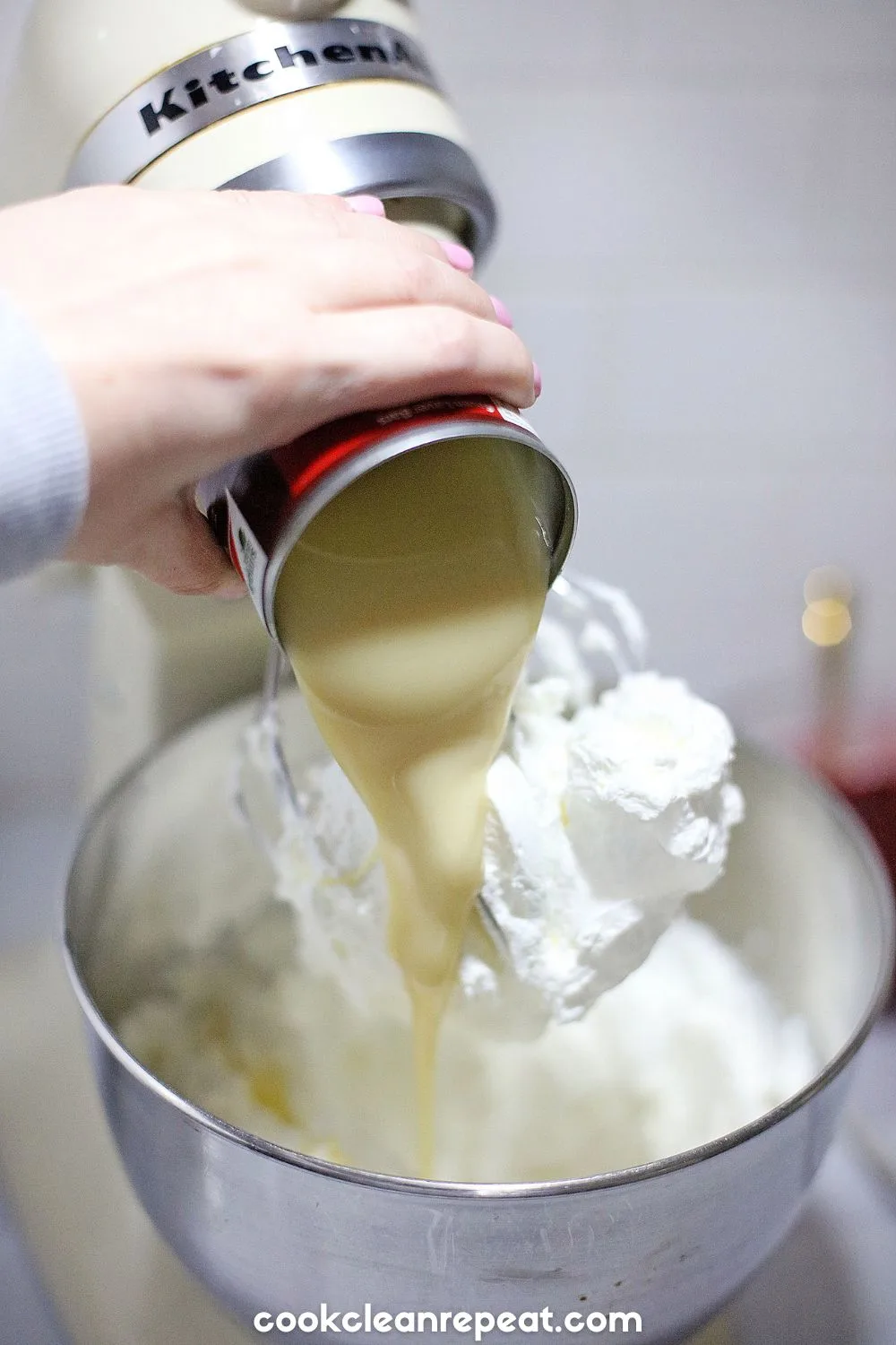 adding condensed milk to the ice cream mix