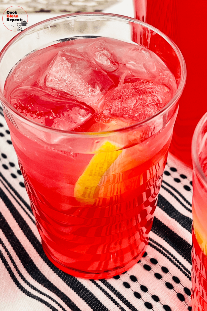 Pink lemonade made with cranberry juice and lemon juice
