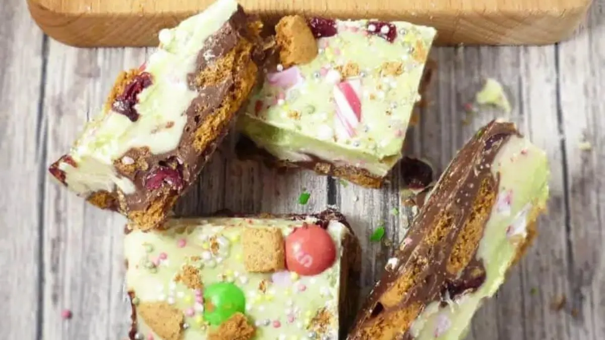 Rocky road candy with gingerbread cookies and candy.