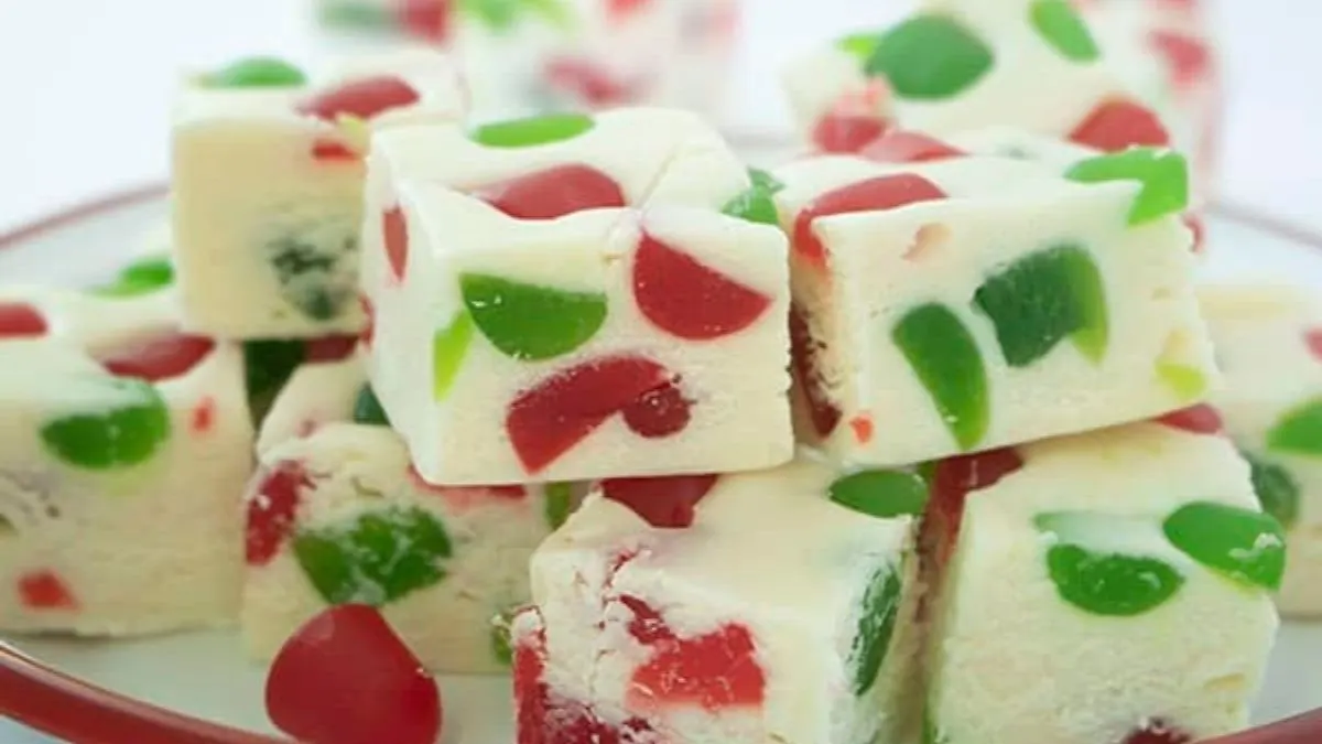 Nougat candy with red and green gumdrops.