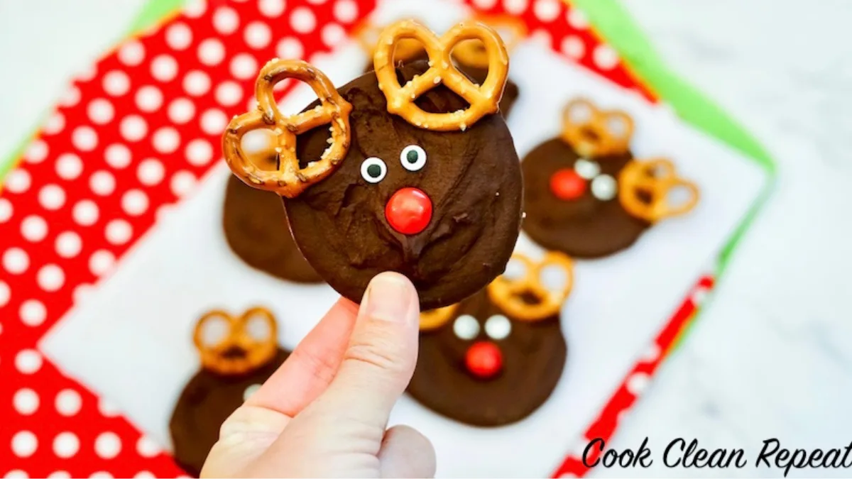 Close up photos of round chocolate bark with 2 eyes, red nose and pretzel antlers