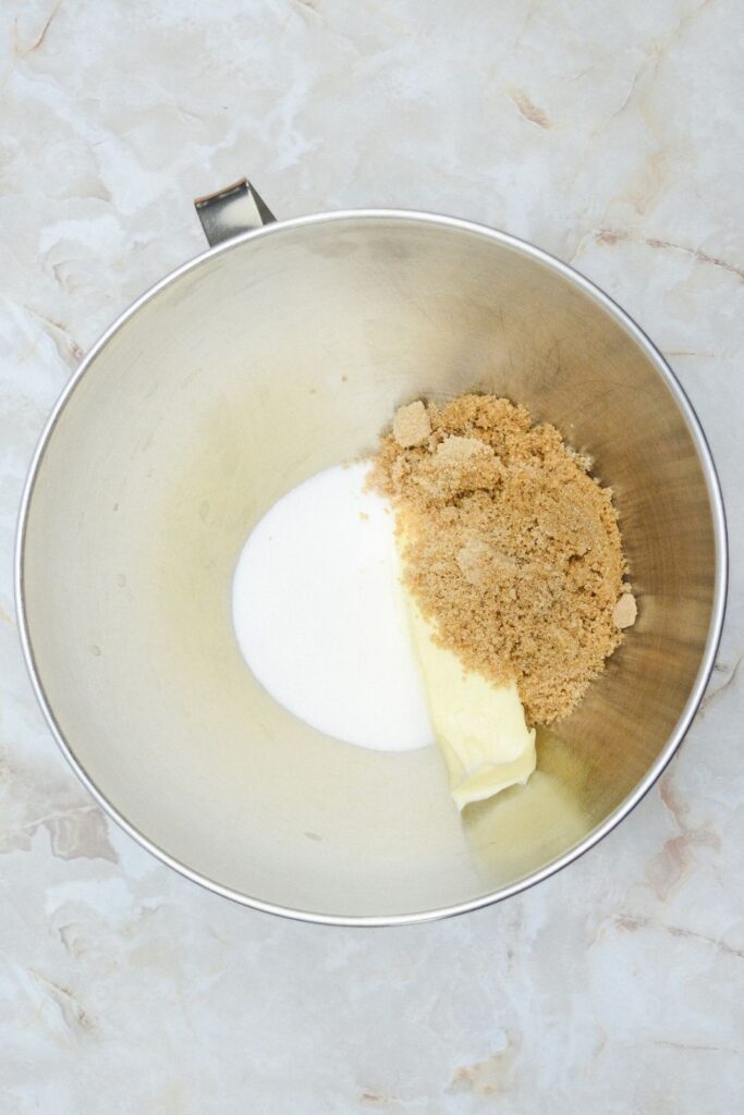 butter and sugars added to mixing bowl