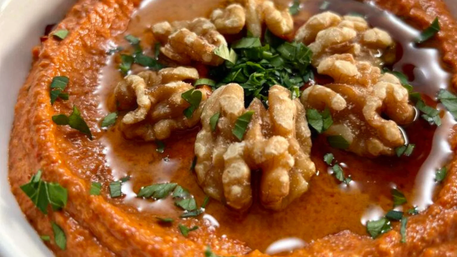 A creamy red pepper dip with walnuts.
