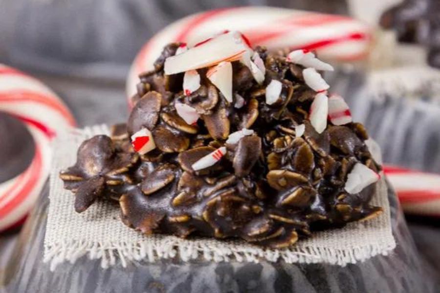 chocolate cluster cookies with crushed peppermint