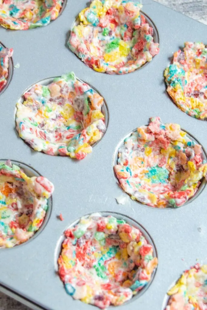 Fruity Pebbles forms in a cupcake tin