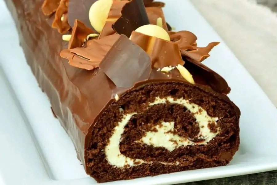A chocolate yule log cake with mascarpone filling.