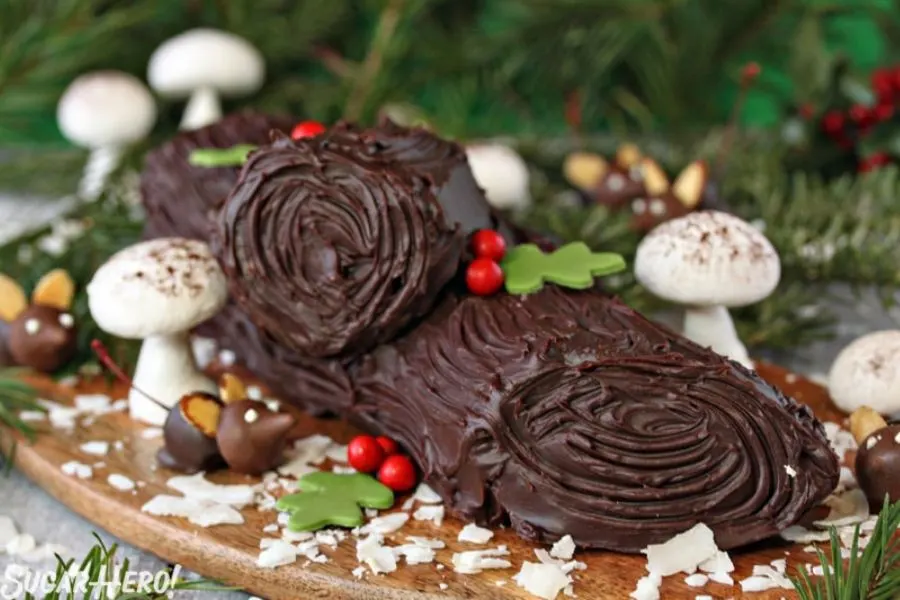 A yule log cake with peanut butter filling.