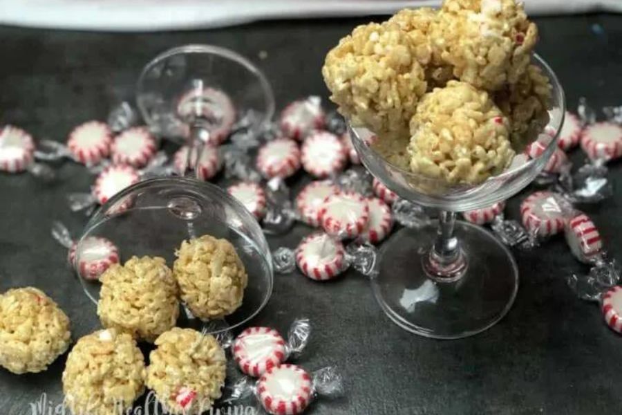 rice krispy balls with peppermint candies