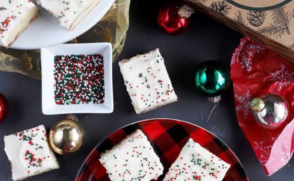 Photo Credit: Cake and Knife. Cookie bars with eggnog frosting and sprinkles.