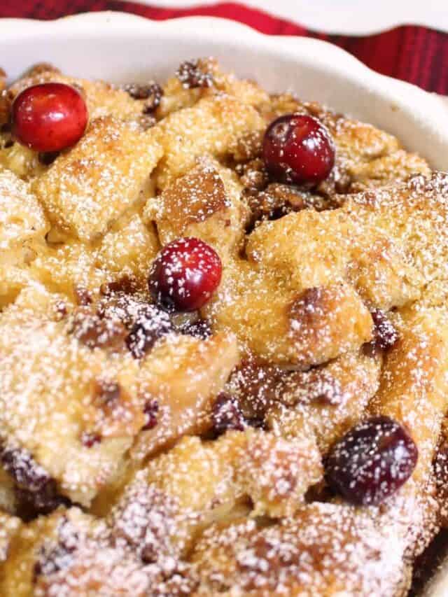 baked eggnog bread pudding in a baking dish