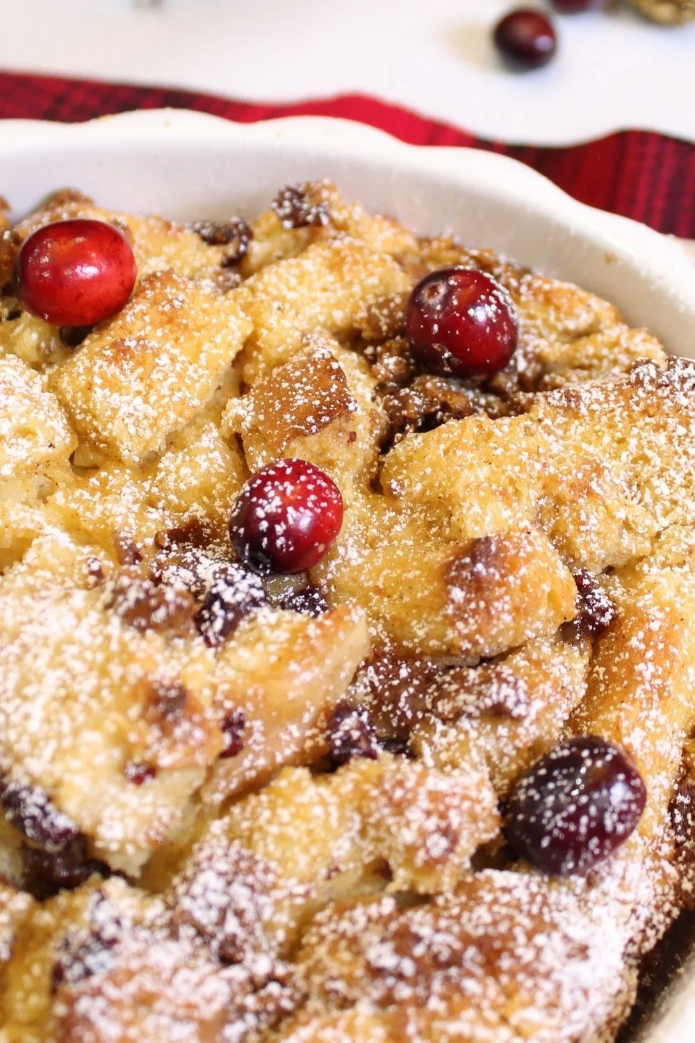 baked eggnog bread pudding in a baking dish