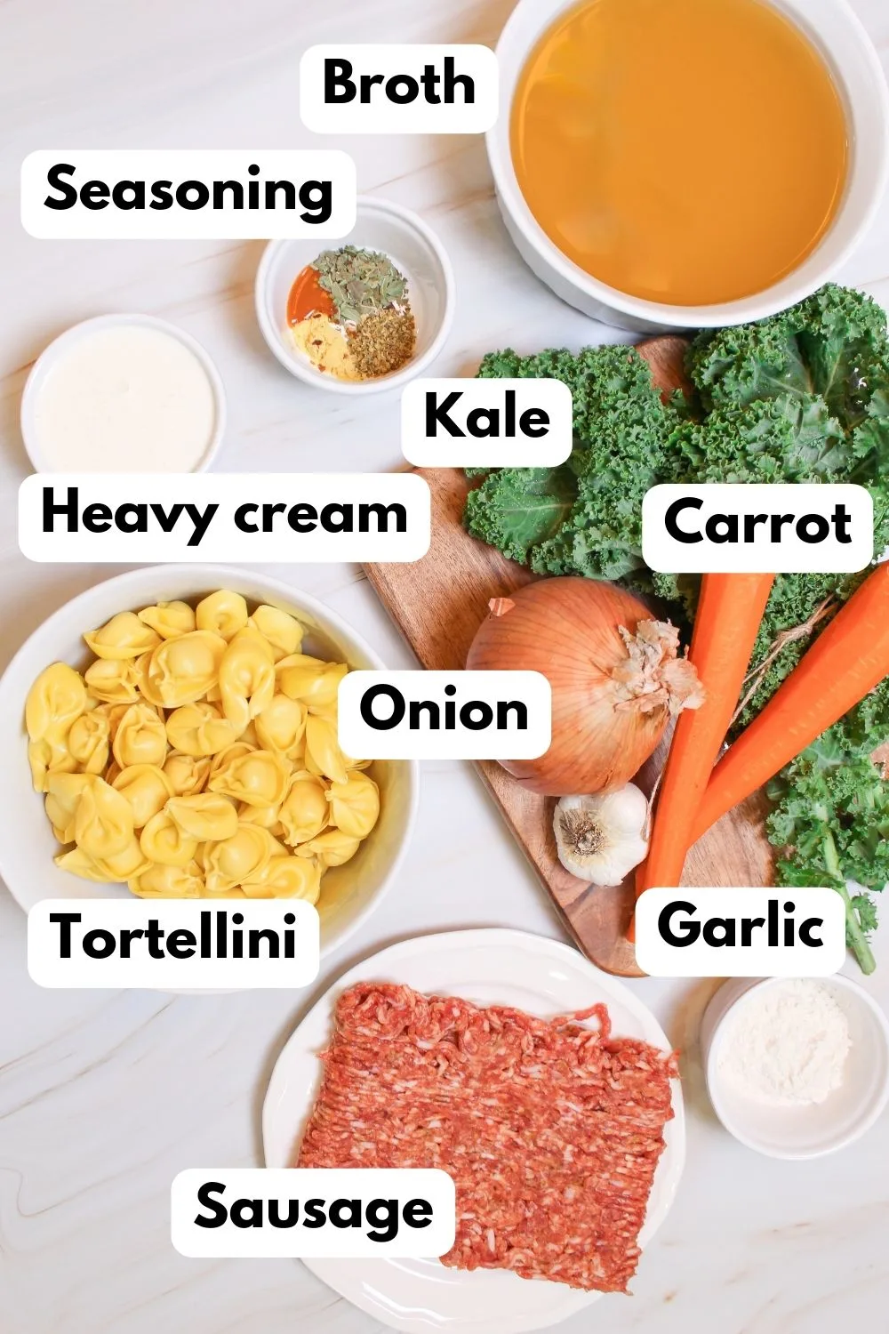 ingredients to make kale sausage tortellini soup
