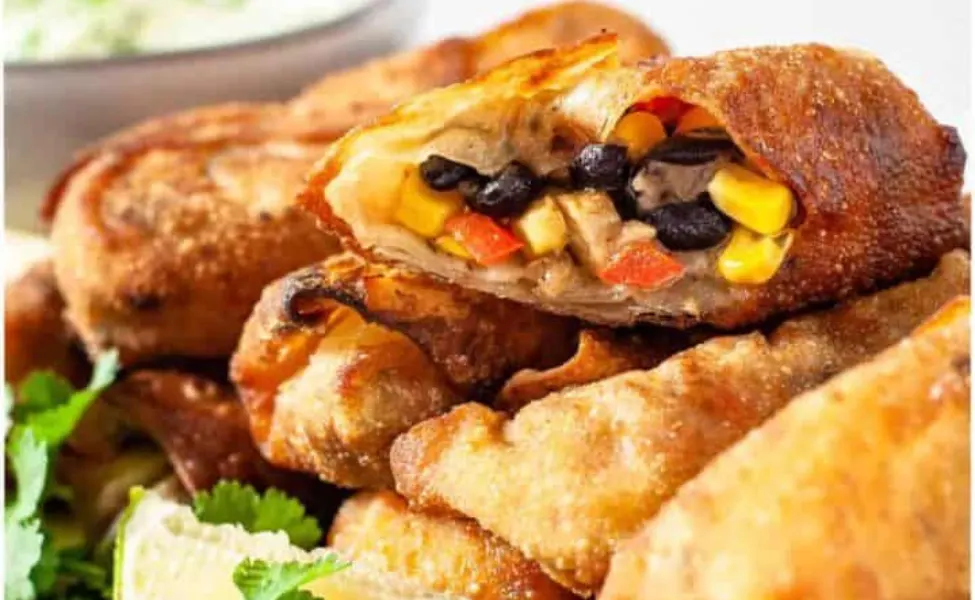 Egg rolls made with corn, black beans and tomatoes.
