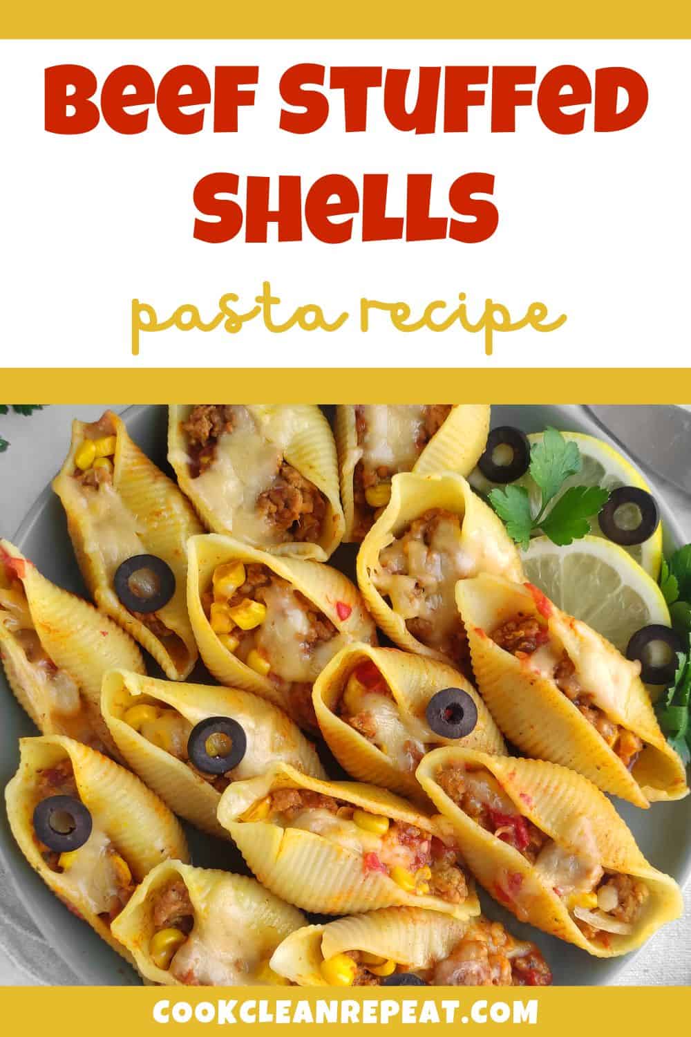 Pinterest image that says beef stuffed shells pasta recipe.