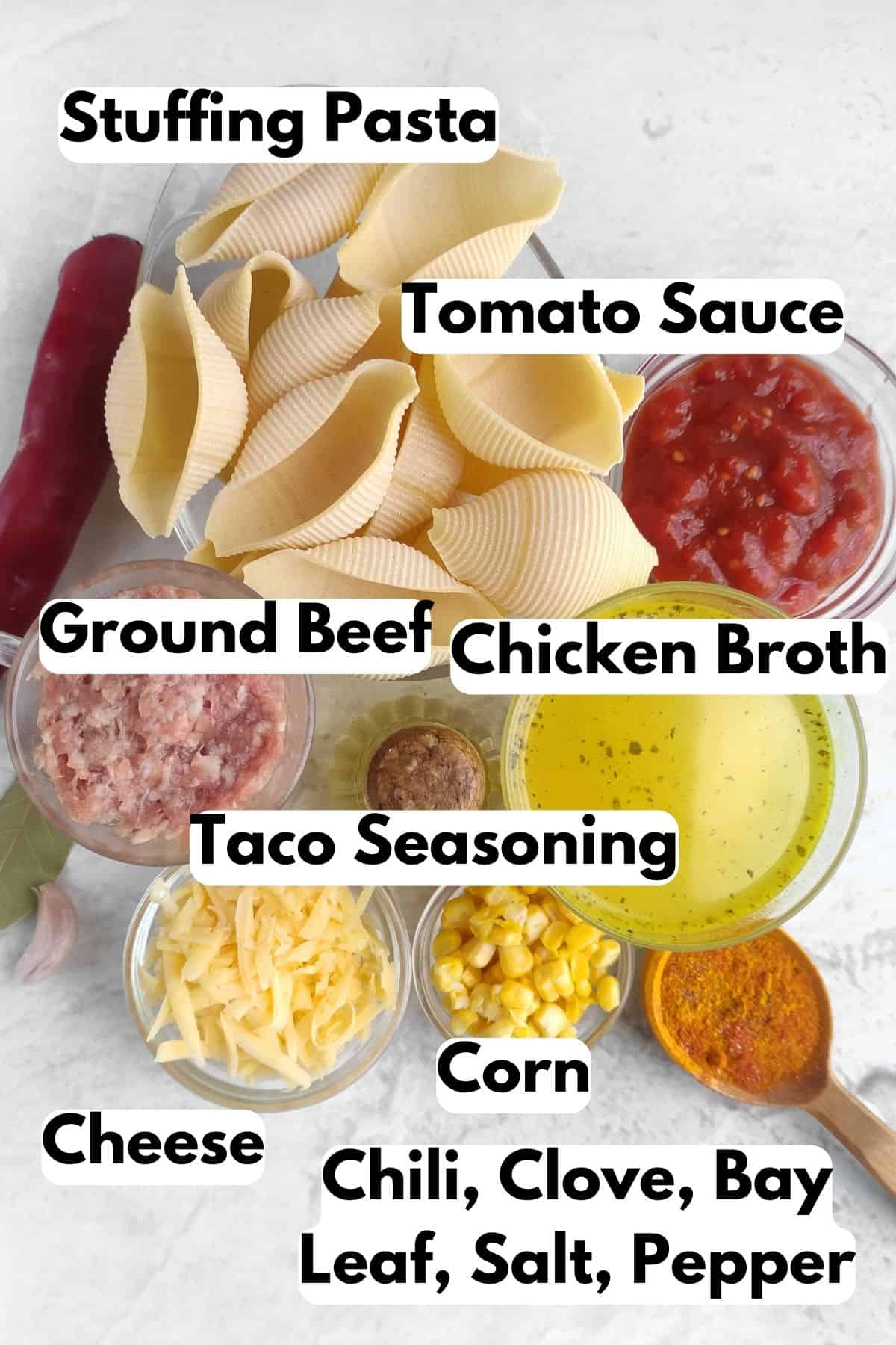 Ingredients required for meat stuffed shells.