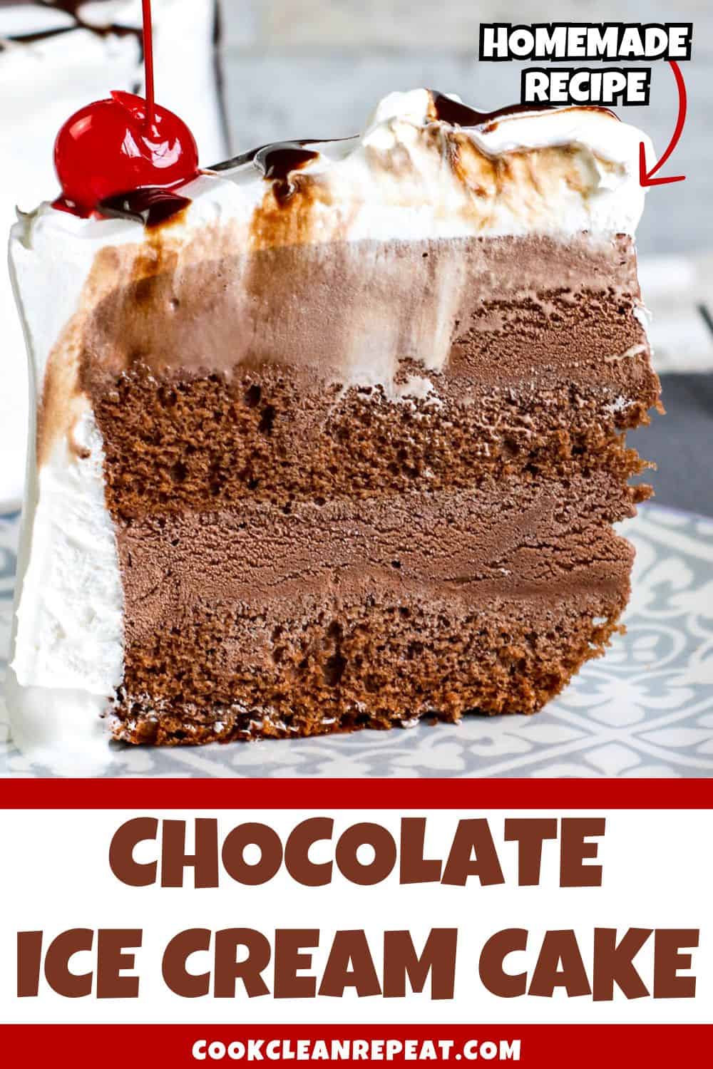 Pinterest image that says chocolate ice cream cake.