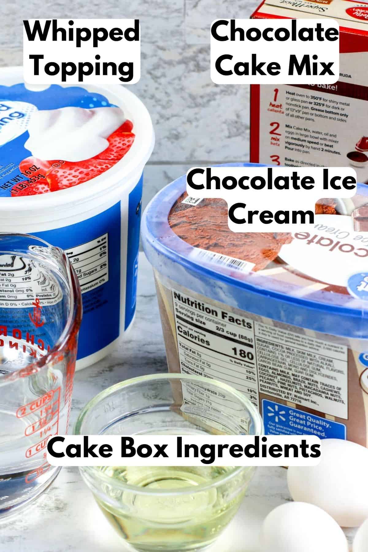 Ingredients needed for this ice cream cake recipe.