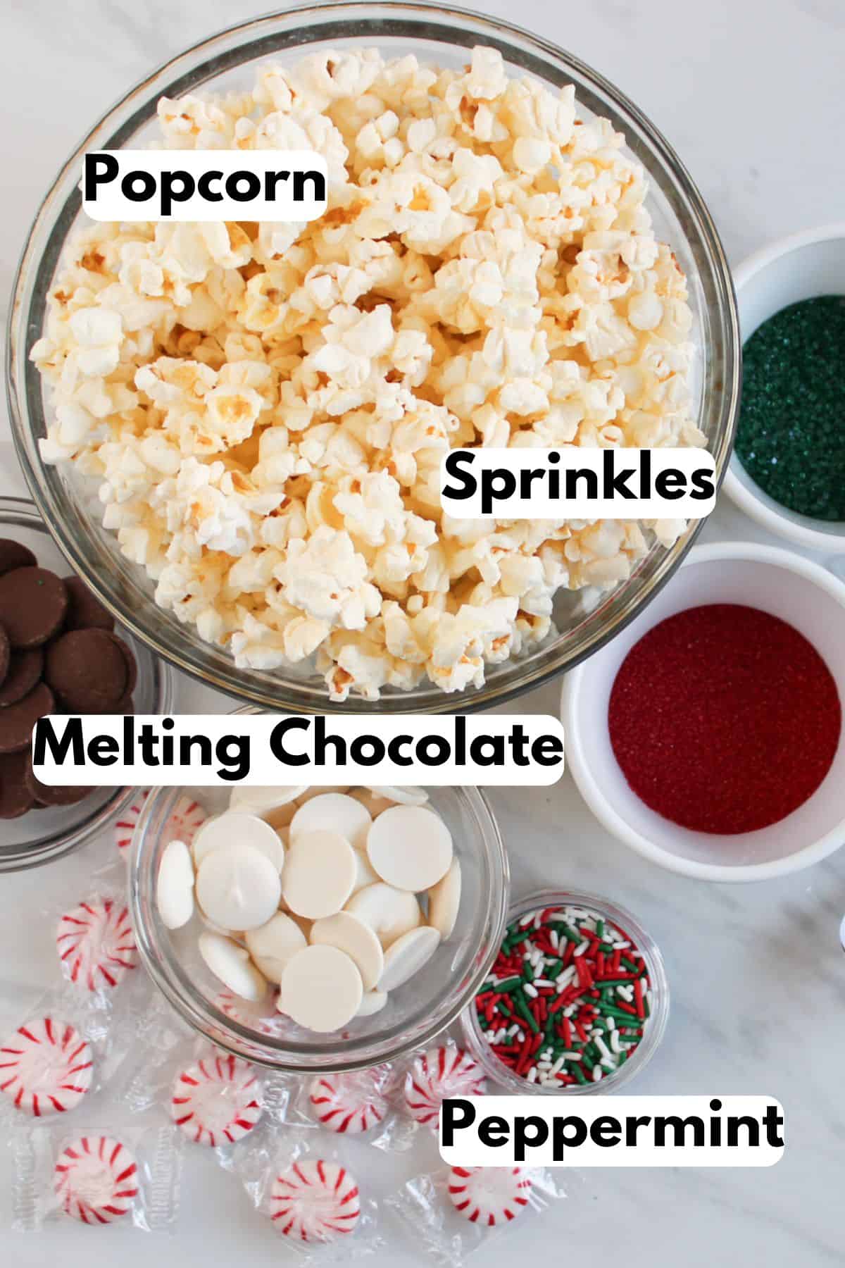 Ingredients needed to make Christmas popcorn.